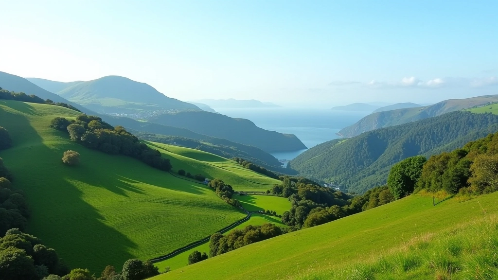 Panoramic view of Irish natural landscape with verdant hills and mountain scenery