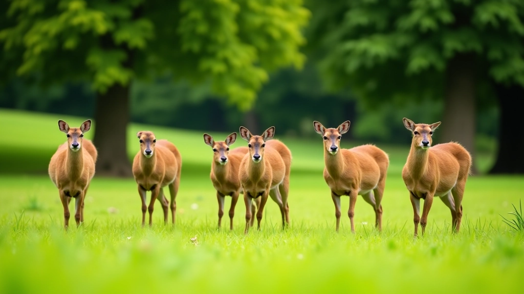 Fallow deer herd grazing on grass in Phoenix Park with trees in background, wild deer in natural park setting