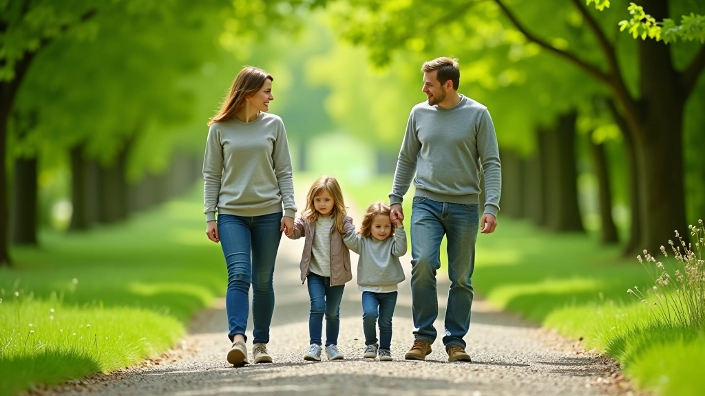 Family of four walking on tree-lined pathway in Phoenix Park, parents and two children on gravel trail, dappled sunlight through canopy