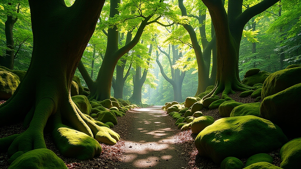 Forest trail with ancient oak trees and moss-covered rocks, dappled sunlight filtering through canopy