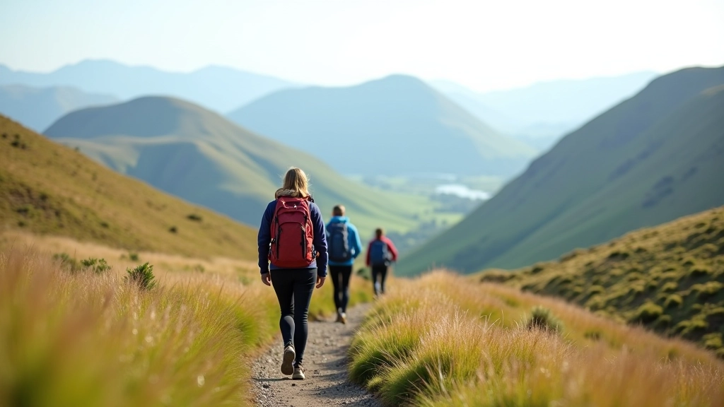Hikers walking on scenic mountain trail with distant valley views in Irish countryside