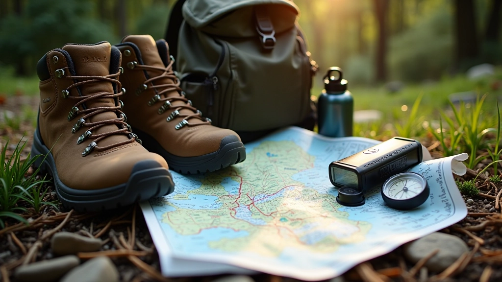 Hiking equipment laid out on outdoor surface: boots, map, compass, water bottle, and backpack