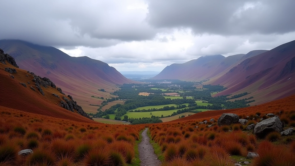 Lush green valley with purple mountains in the distance under cloudy Irish sky