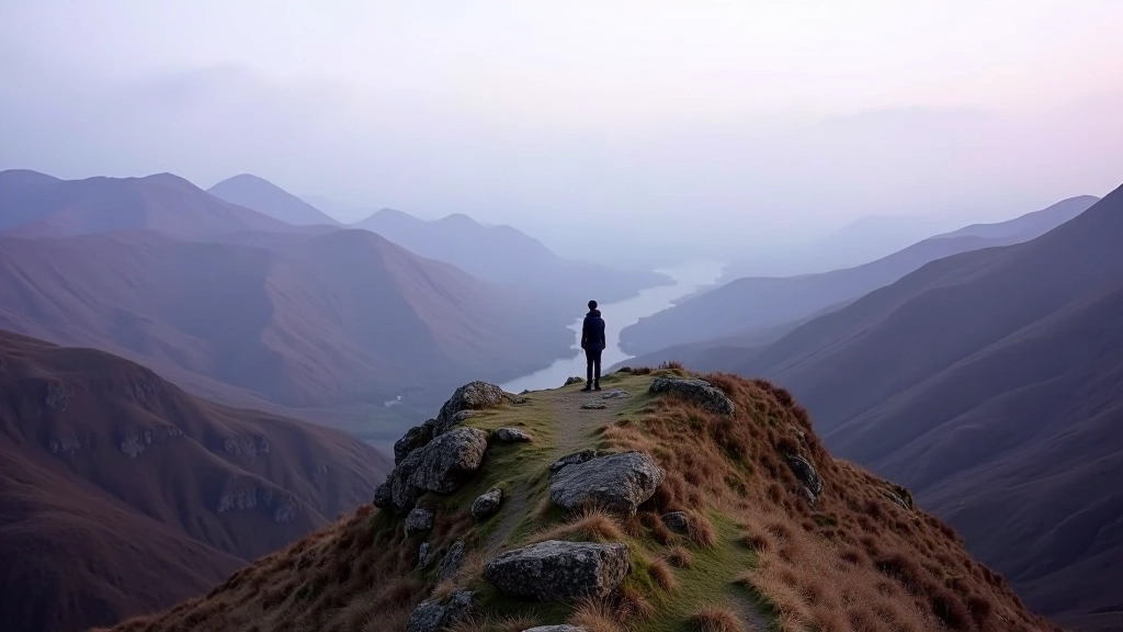 Mountain summit viewpoint with rolling purple hills extending to the horizon, morning mist in valleys below