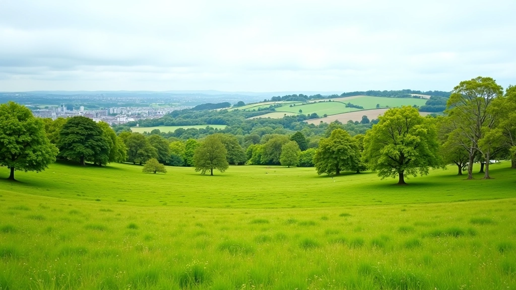 Panoramic view of Phoenix Park's open meadow with scattered ancient trees and Dublin cityscape visible in distant background