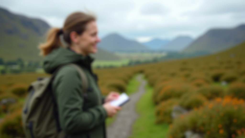 Researcher documenting trail information during field work on an Irish hiking path