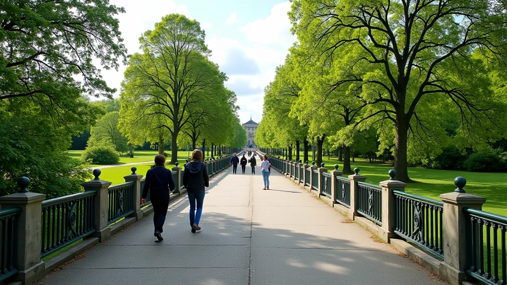 Historic stone bridge in urban park with mature trees and manicured green space