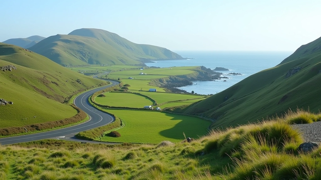 Wide view of Ring of Kerry coastal road with green hills and ocean backdrop