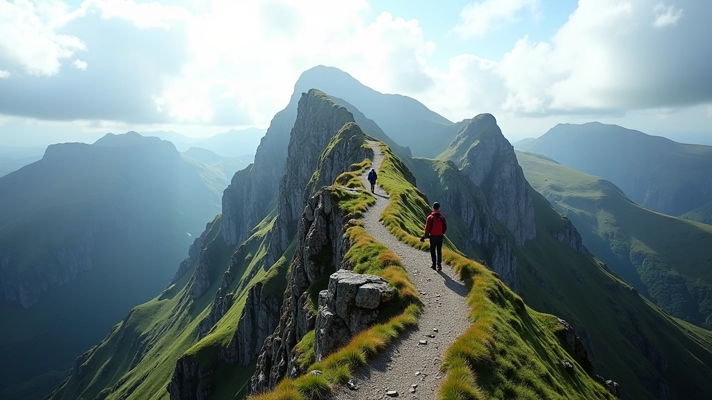 Steep mountain ridge with hikers in the distance, rocky terrain and exposed alpine landscape, challenging terrain
