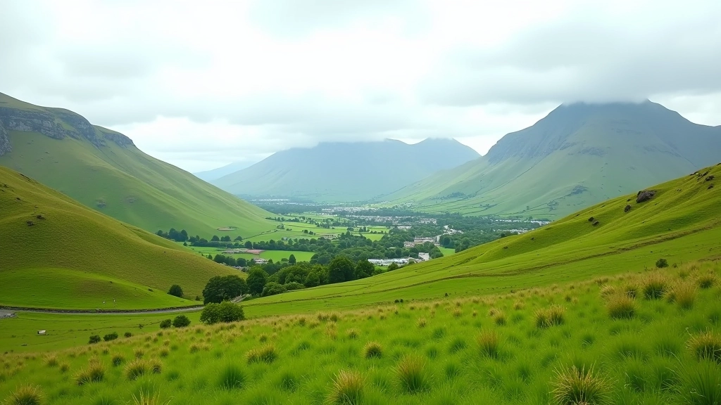 Rolling green hills and mountains across Irish landscape with hiking trails visible through valley