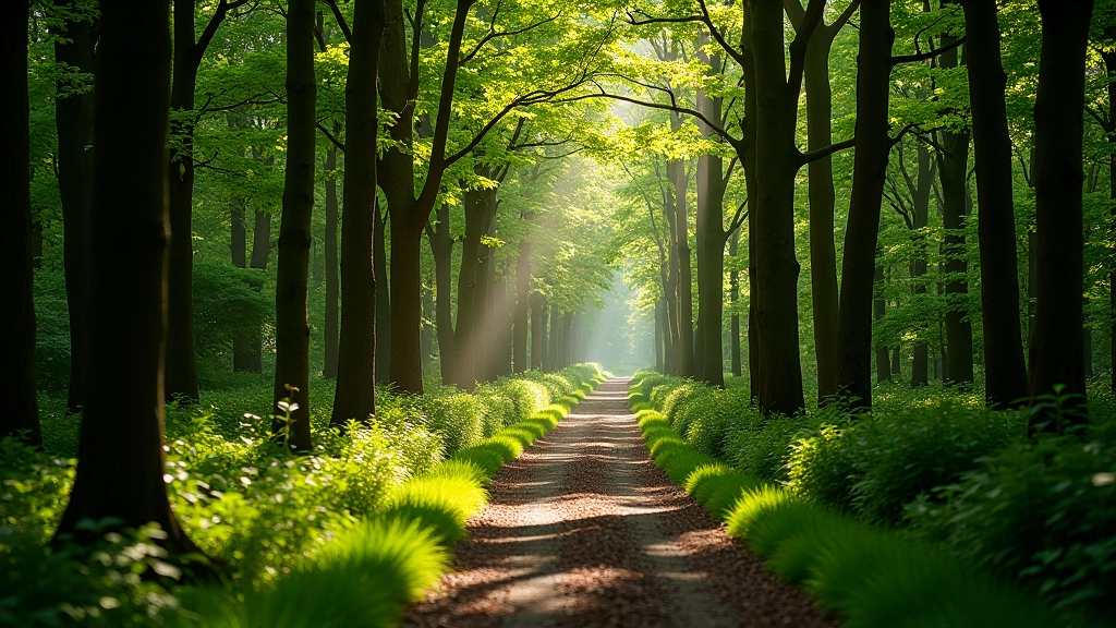 Natural woodland trail with tall trees and sunlight filtering through canopy